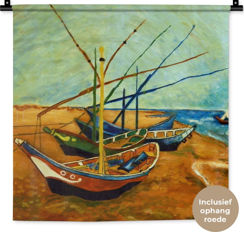 MuchoWow Wandteppich Wandbehang Fischerboote am Strand - Vincent van Gogh 60x60 cm Tapisserie Dekoration Wandtuch - Dekorationen - Wand Decke