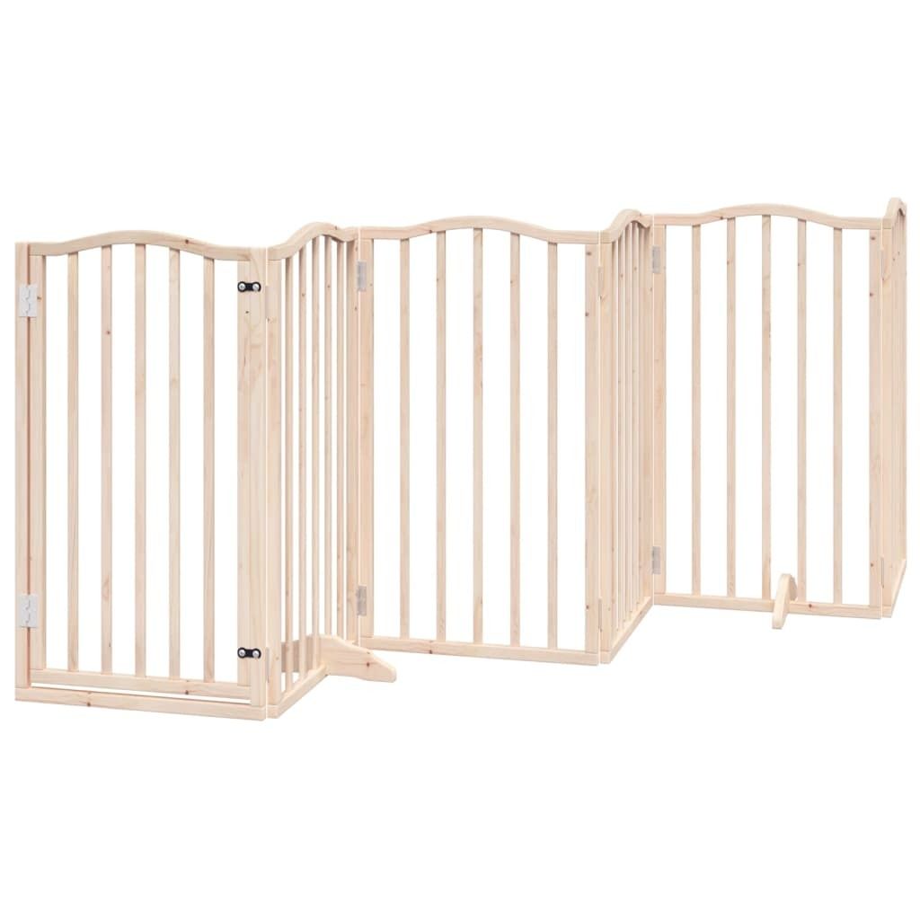A wooden pet gate with multiple panels and a door, set against a white background.