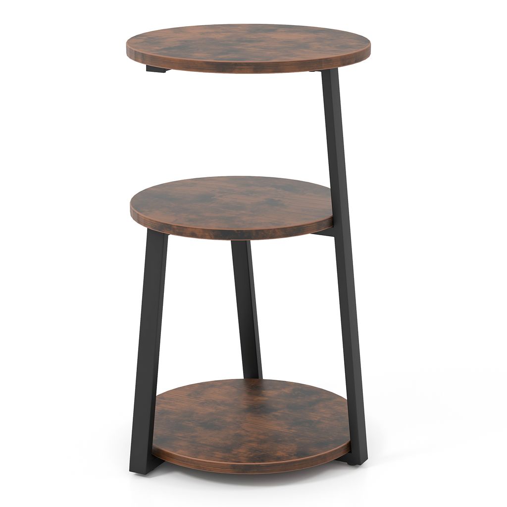 A three-tiered round side table with a rustic brown wood-look finish and black metal legs, presented against a white background.