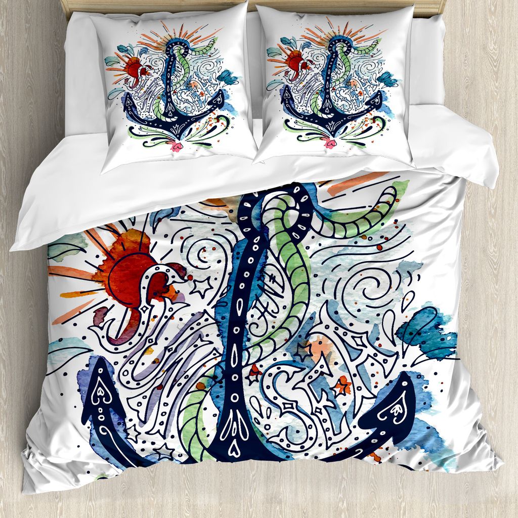 ABAKUHAUS Anker Bettbezug, Schiffsanker mit Sun, Milbensicher Allergiker geeignet mit Kissenbezügen, 155 cm x 220 cm - 80 x 80 cm, Mehrfarbig