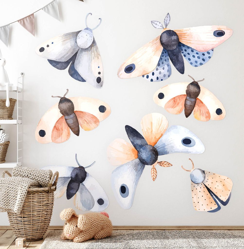Insekten Pastell-Motten– Wandgestaltung – Wandbilder Kinder – Motivtapeten Set – Wanddekor Kinderzimmer – Selbstklebende Wandsticker – ...