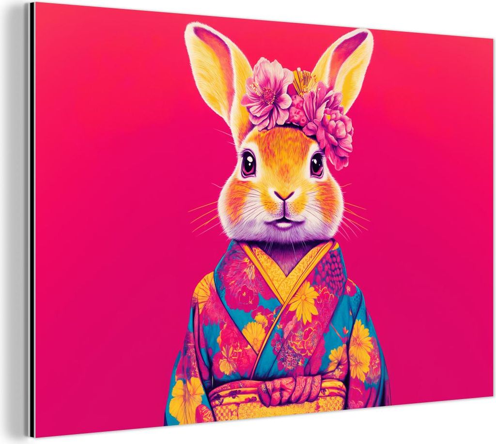 MuchoWow Wanddekoration Metall Metallbild Wandkunst 60x40 cm Kaninchen - Blumen - Farbenfroh - Kimono MuchoWow Aluminium Gemälde - Gemälder