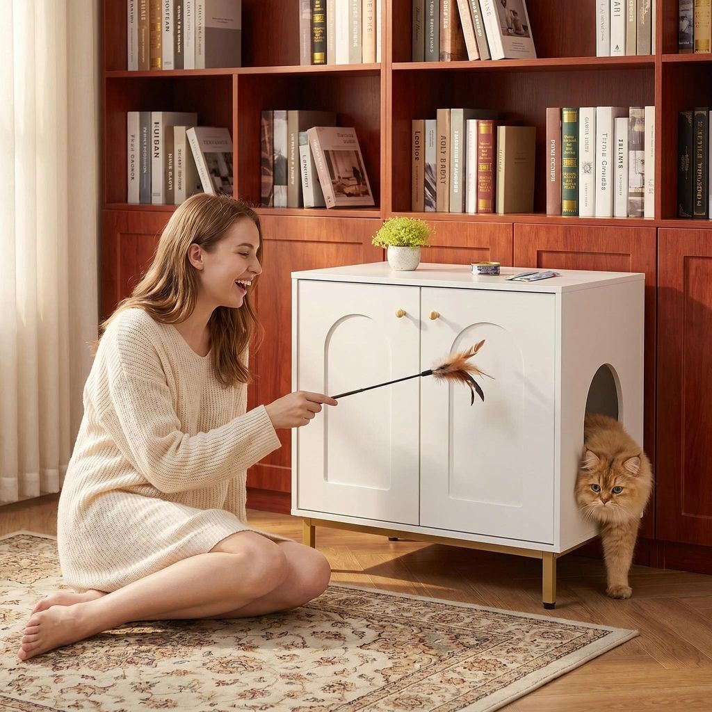 Katzenschrank, 60 cm Katzenklo Schrank, Weiß und Gold | Produktbild 