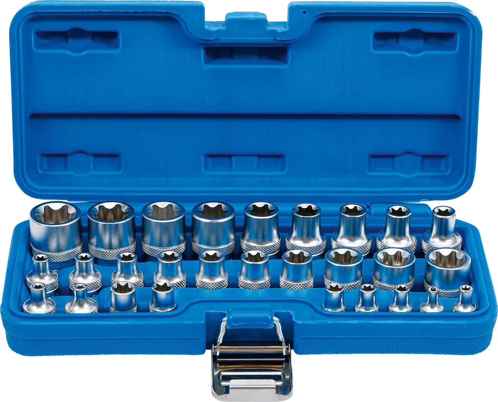 BGS 70099 | Set di chiavi a bussola, profilo E | Attacco quadro 6,3 mm (1/4") / 12,5 mm (1/2") | SW E4 - E24 | 28 pz.