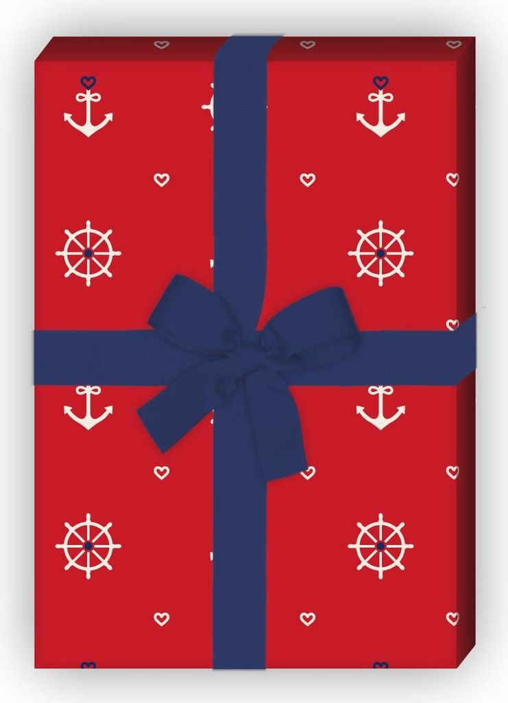 Maritimes Geschenkpapier zum Einpacken mit Herz, Anker und Steuerrad, rot - G10281, 32 x 48cm