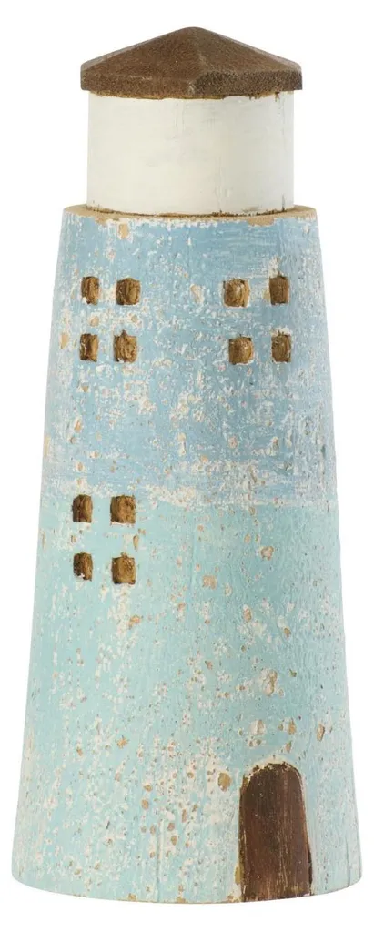 Objet de décoration phare marin en bois flotté bleu clair et naturel