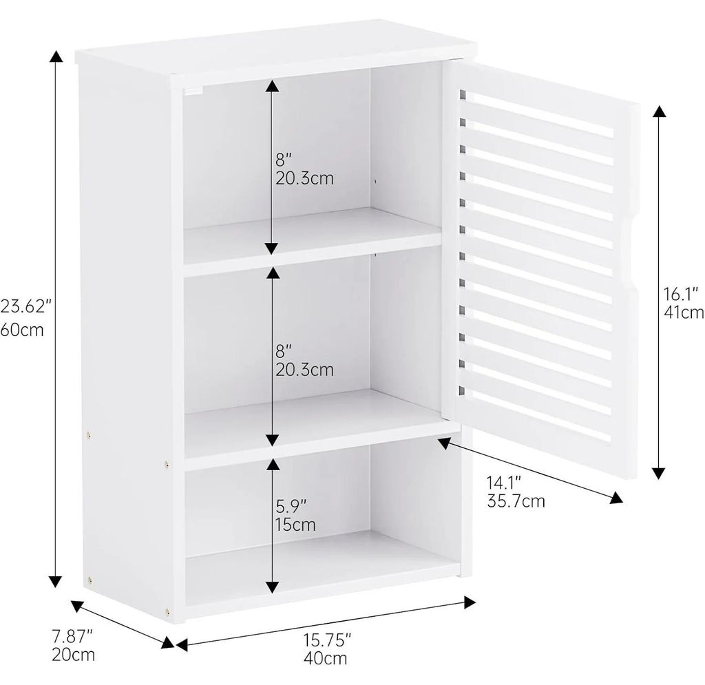 Badezimmer Wandschrank - Hängeschrank mit Tür - Bambus - Aufsatzschrank über Toilette - Verstellbarer Einlegeboden - Weiß