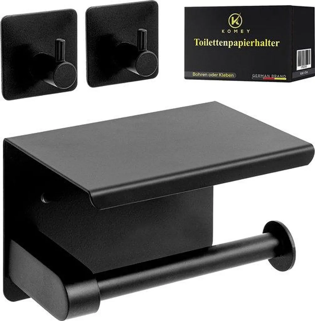 Porte-rouleau papier WC noir mat avec support téléphone mobile en métal