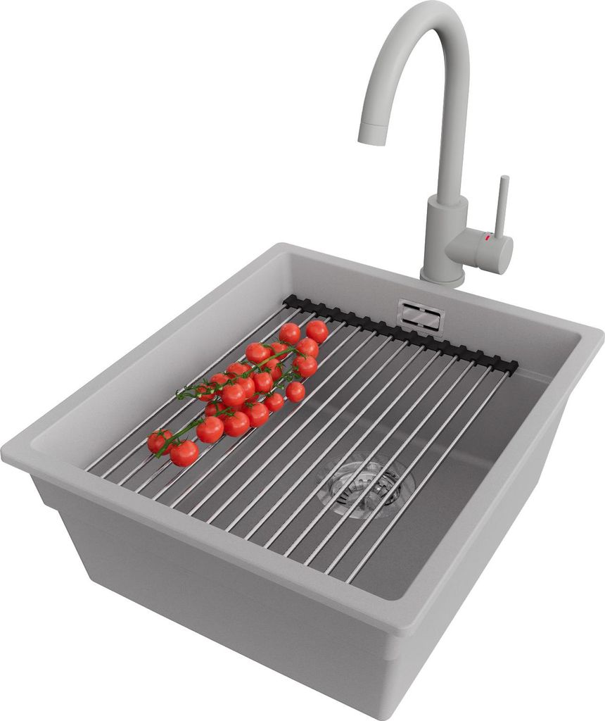 PRIMAGRAN Granitspüle Grau 41x47cm, Spülbecken 1 Becken + Küchenarmatur 32x20cm + Ablauf-Set + Küchenzubehörset, Küchenspüle ab 45er Untersc...