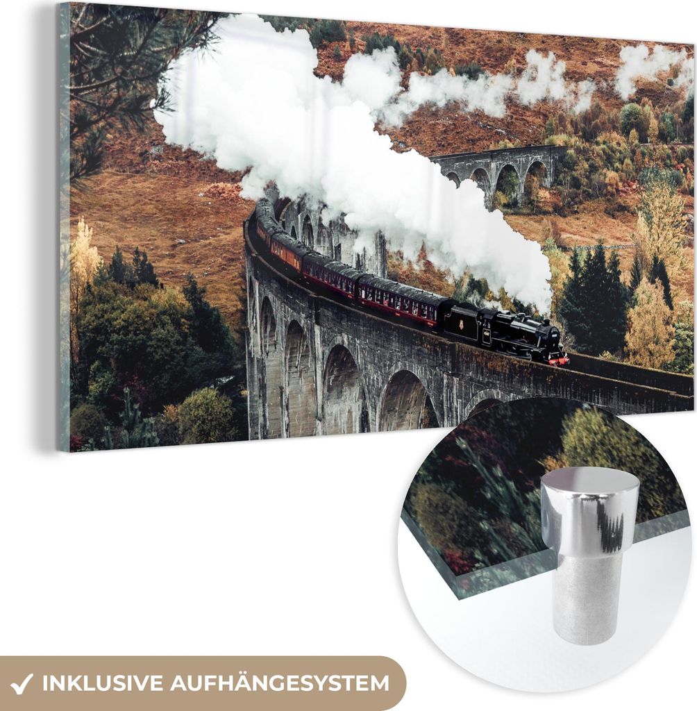 MuchoWow Glasbilder - Bilder auf Wandbild - Foto auf Glas Zug - Natur - Herbst - Architektur 80x40 cm Wanddekoration aus Glas - Acrylglasbild - Acr...