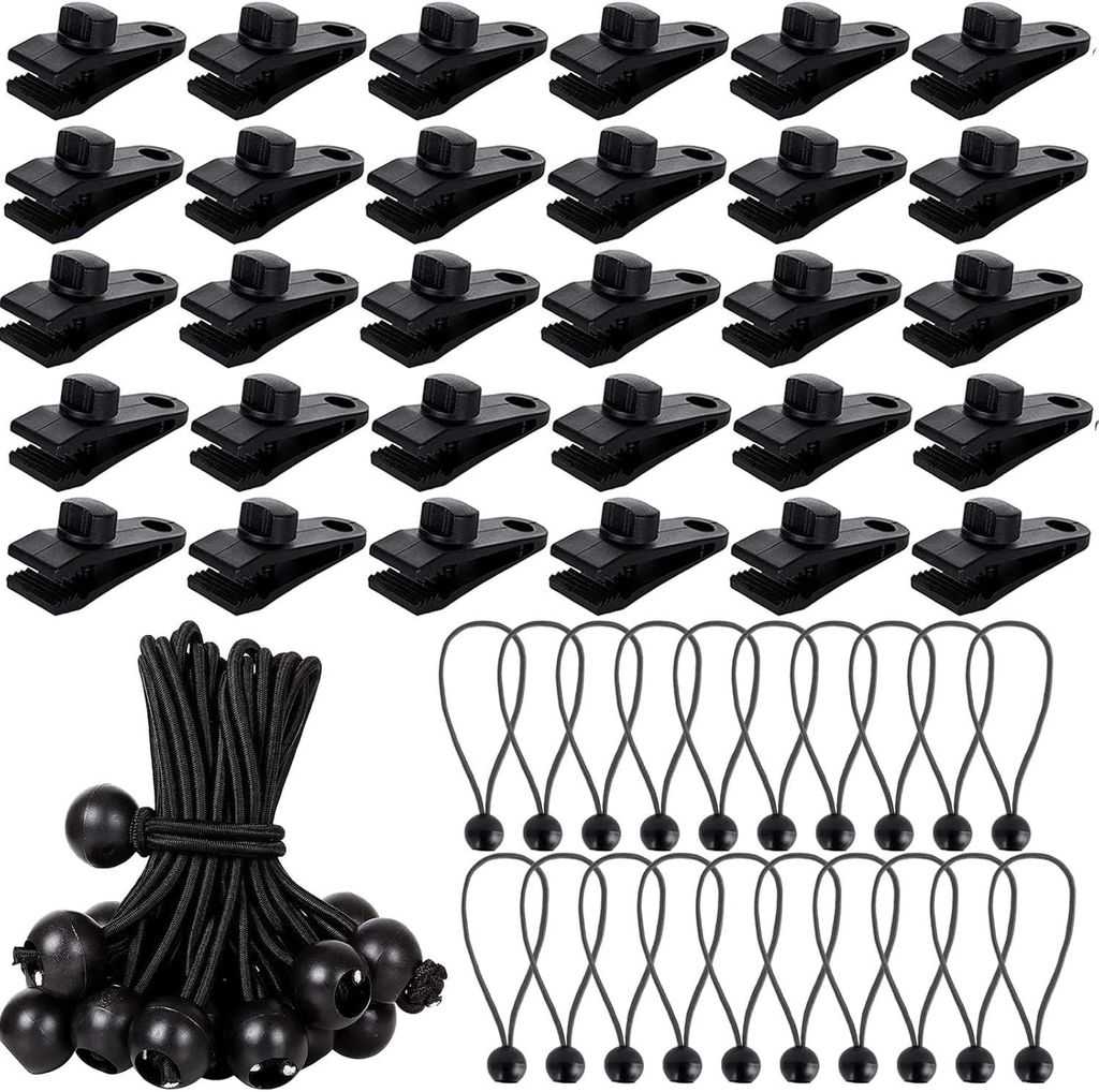 60 schwarze Planenbefestigungsclips + elastische Spanner, Verriegelungsclips für Markisen/Wohnwagen/Poolabdeckungen
