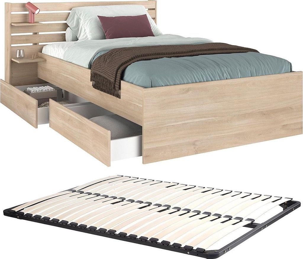 Bett mit Stauraum - 120 x 190 cm - Natur + Lattenrost - TENALIA