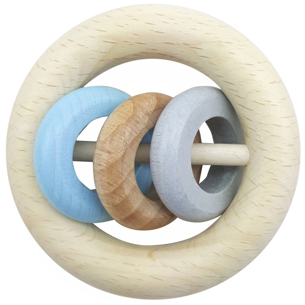 Hess Holz Rassel mit 3 Ringen blau Babyspielzeug