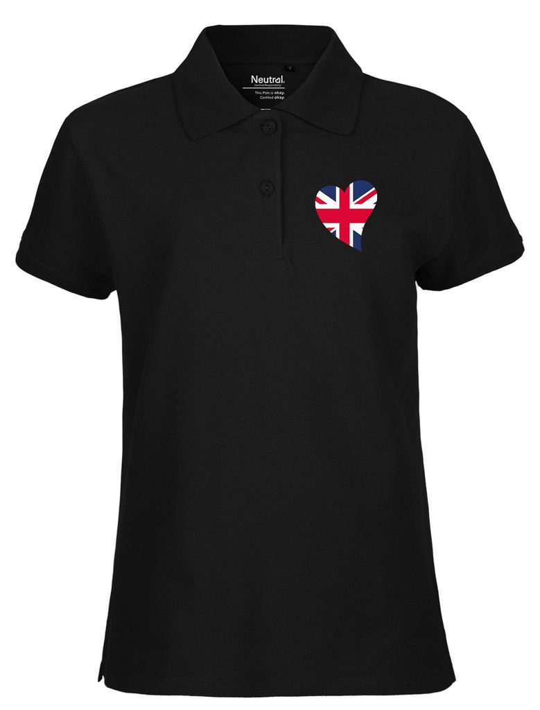 Huuraa Damen Polo Shirt England Flagge Herz XS Black Bio Baumwolle Fairtrade Poloshirt Geschenkidee