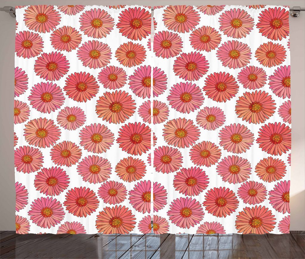 ABAKUHAUS Aster Rustikaler Gardine, Rosa Blüten-Feld blühen, Schlafzimmer Kräuselband Vorhang mit Schlaufen und Haken, 280 x 225 cm, Rosa Coral ...