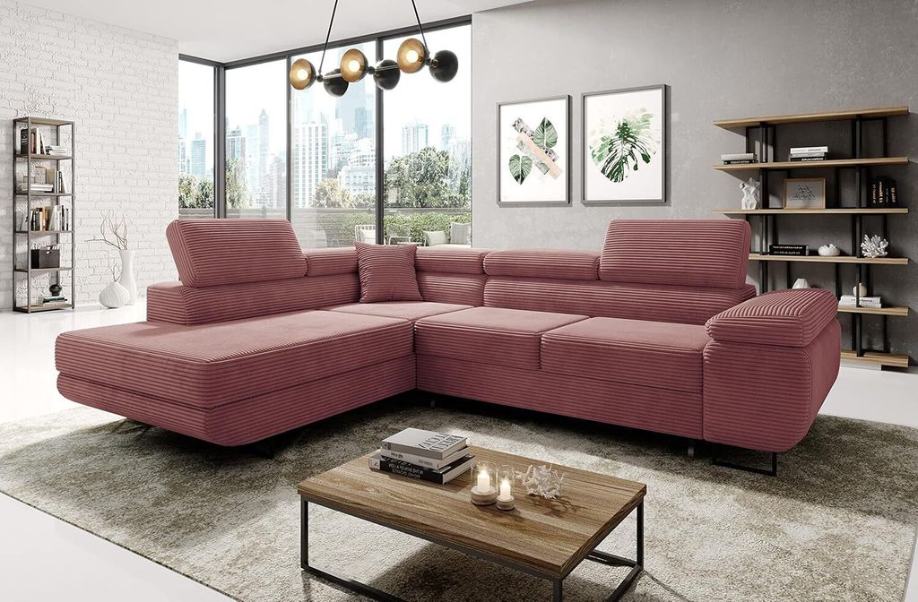 Easy4You Ecksofa Schmutziges Rosa Astorp Kord L-Form – 277 cm - Schlafsofa mit Bettkasten und Schlaffunktion - Eckcouch mit Stauraum und Metallf...