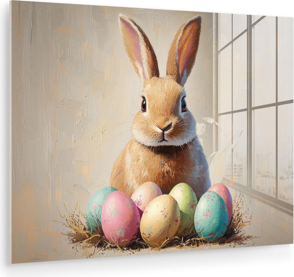 MuchoWow Glasbilder - Bilder auf Wandbild - Foto auf Glas Osterhase - Pastell - Eier 40x30 cm Wanddekoration aus Glas - Acrylglasbild - Acrylbilder...