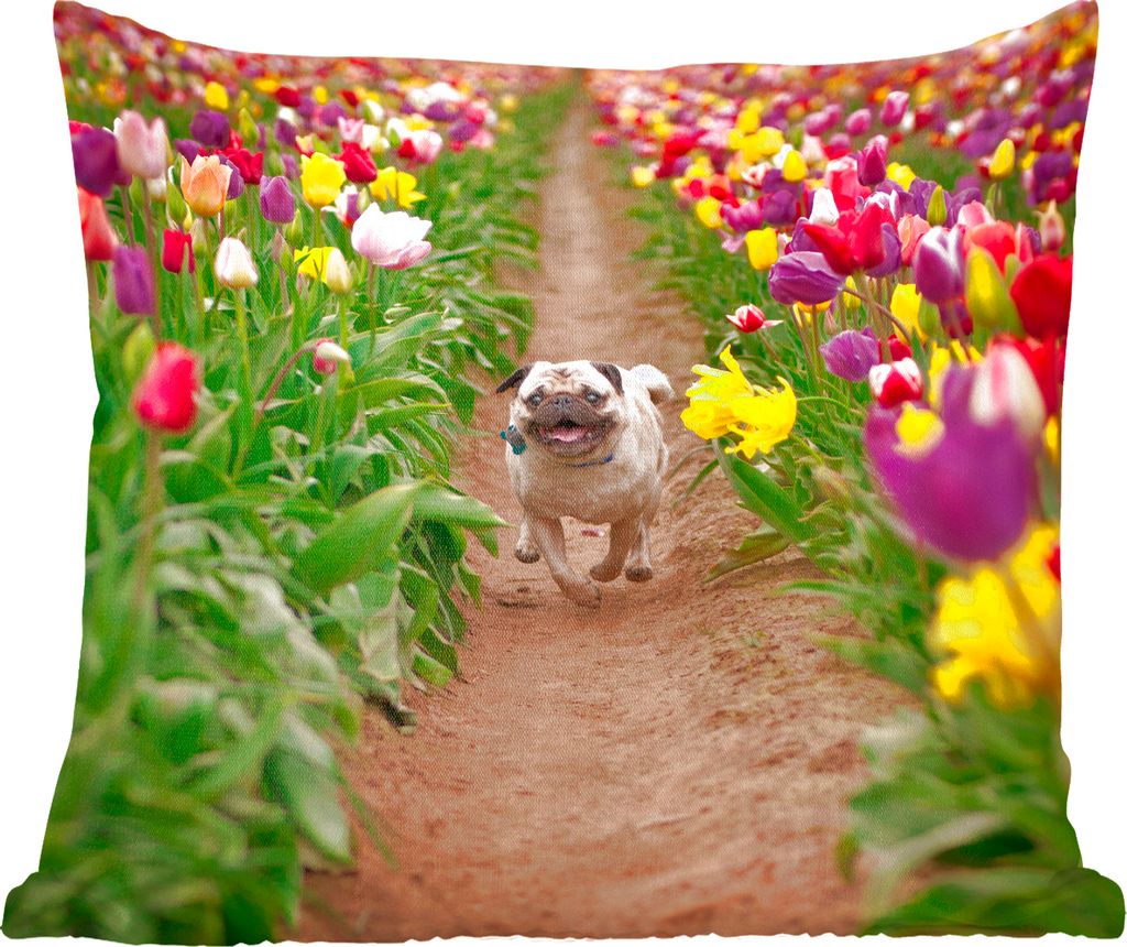 MuchoWow Zierkissen Sofakissen Wohnzimmer Dekokissen 60x60 cm Mops - Tulpen - Blumen - Sitzfläche - Foto Polster