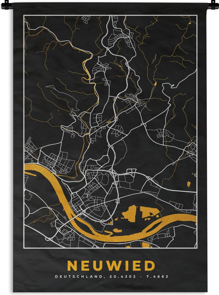 MuchoWow Wandteppich Wandbehang Neuwied - Gold - Stadtplan - Deutschland - Karte 60x90 cm Tapisserie Dekoration Wandtuch - Foto-Teppich - Abwaschbar