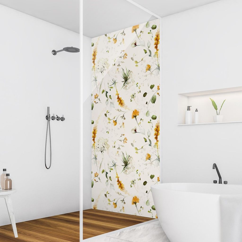 Duschrückwand Blumen selbstklebend - 0.35 mm Wandpaneel wasserfest Pflanzen beige Aquarell Badrückwand fugenlos Smart matt 110x200 cm