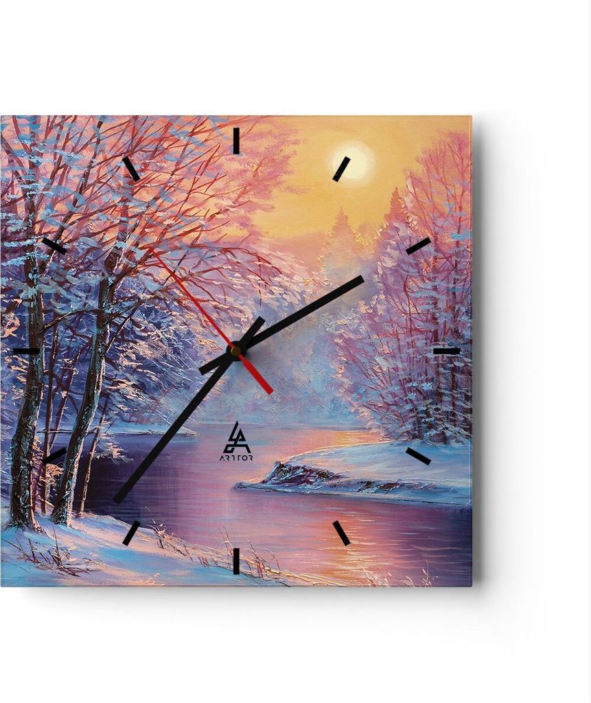 Wanduhr - Quadrat - Glasuhr - Öl Winter Fluss - 30x30cm - Schleichendes Uhrwerk - Lautlos - zum Aufhängen bereit - Dekoration Modern - Wanddekora...