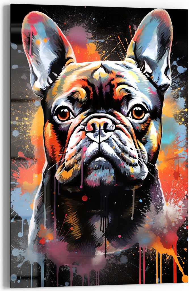 DEQOART Glasbild Echtglas 60x90 cm 'Bunte Bulldogge' Wandbild Bild modern Deko