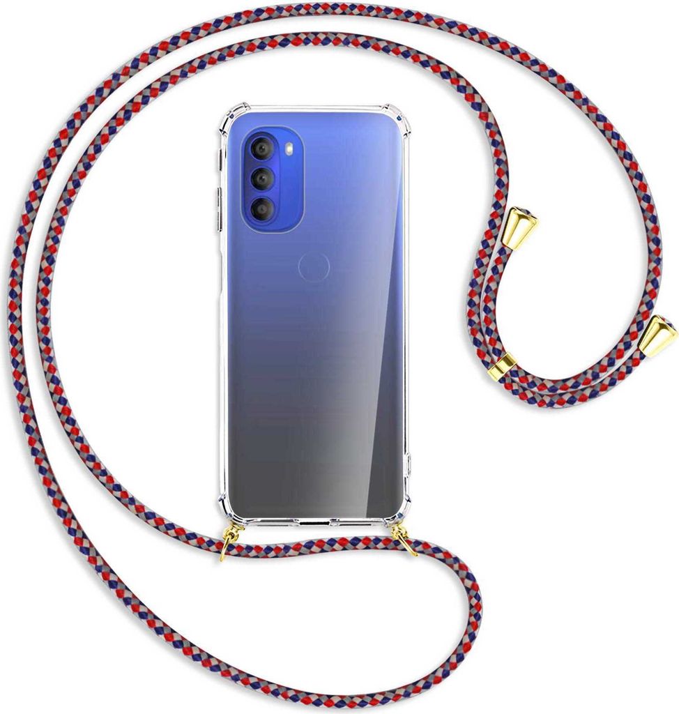 Handykette Backcover-Schutzhülle mit Band (Metall goldfarben) für Motorola Moto G51 5G - silber/blau/rot