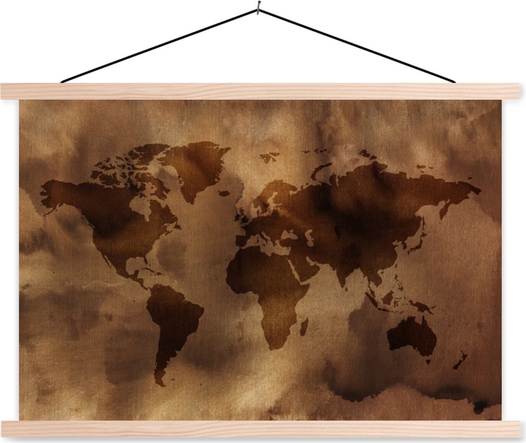 MuchoWow Textilposter Weltkarte - Braun - Muster 60x40 cm mit holzfarbenen Rahmen - Bilder