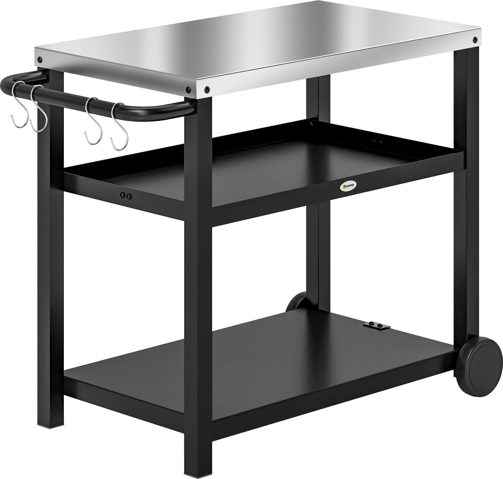 Grillwagen 3-Etagen Servierwagen mit Arbeitsfläche Ablagen Haken Räder, Edelstahl 102x50x81cm Kohlegrau