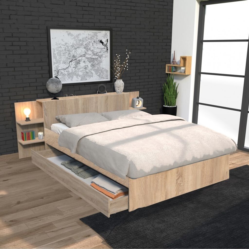 Weber Industries Bett CITY, Bett mit Aufbewahrung/Ausziehbett, Standard doppelt, Rechteckig, Partikelbord, Holz, Holz