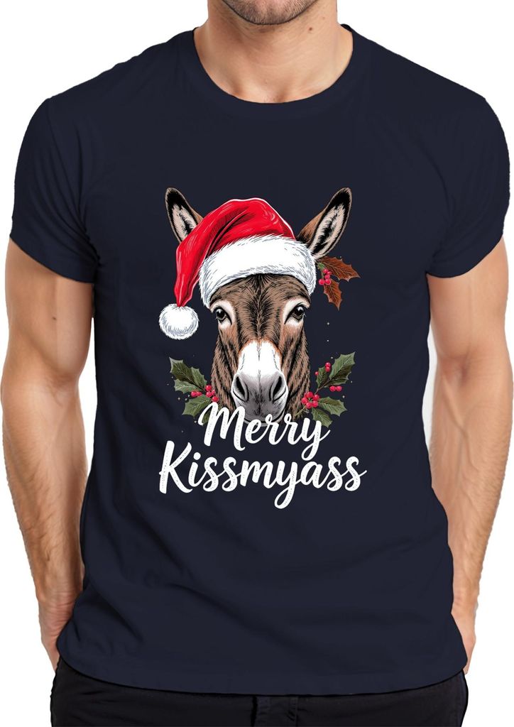 Merry Kissmyass lustiger Esel Weihnachtsesel Weihnachtsmütze Herren T-Shirt, Navy, M