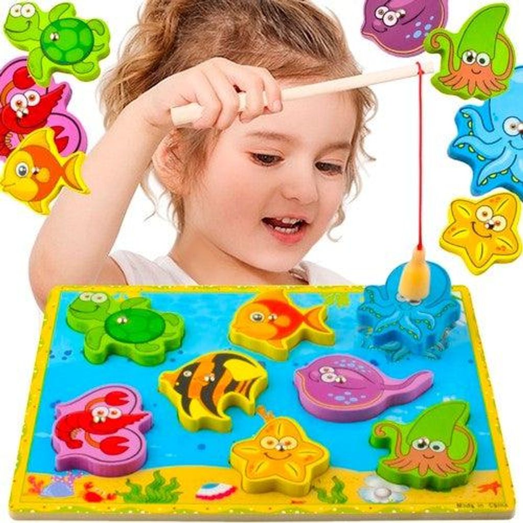 Holzpuzzle "Fisch" mit Angelrute und 8 magnetischen Produktbild 