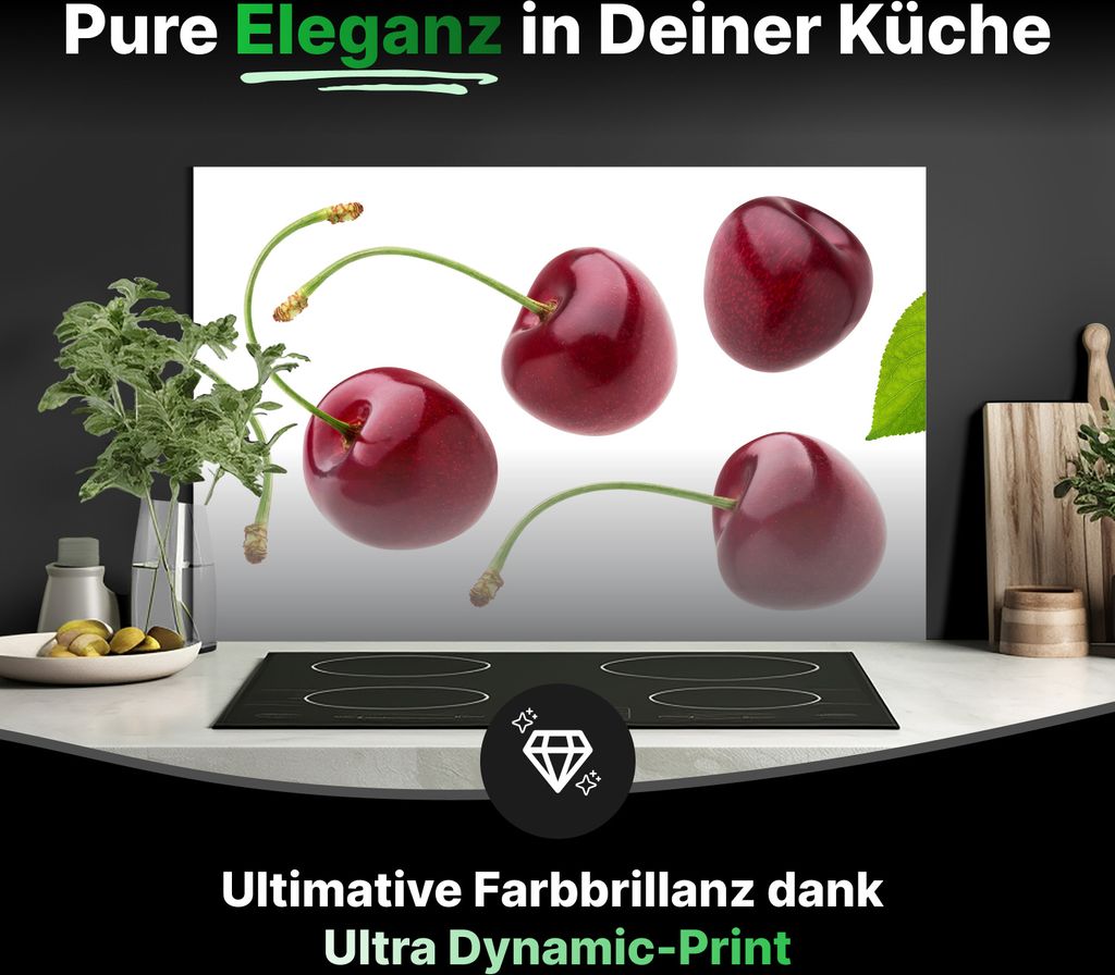 Spritzschutz Küchenrückwand Glas 90 x 60 cm Knackige dunkelrote Kirschen - RUECKWAND24