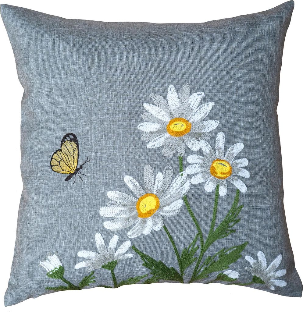 heimtexland Dekokissen Leinen-Optik bestickt Deko Esszimmer Serie Margariten Blumen Kissen Bezug grau Stickerei Schmetterling Sofakissen Frühli...