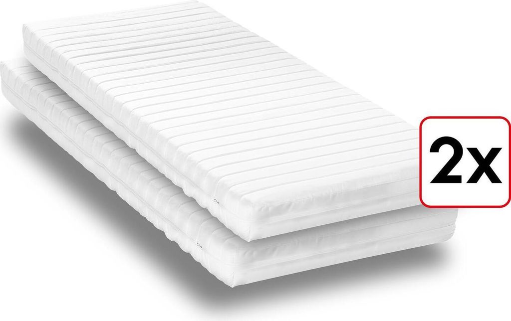 Two white mattresses are stacked on top of each other, presented on a white background. A red square with '2x' in black text is in the bottom right corner.