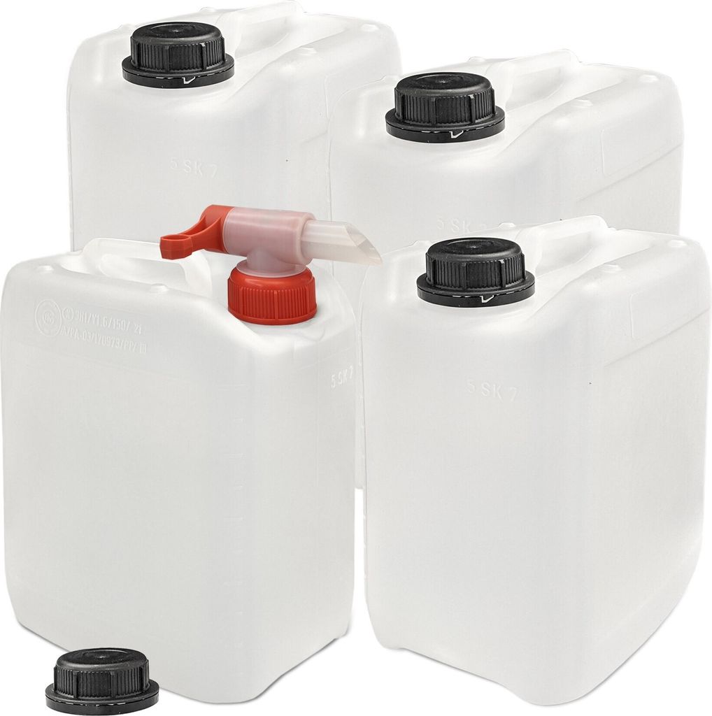 plasteo 4 x 5 Liter Kanister Wasserkanister Campingkanister + 1 x Hahn Lebensmittelecht BPA frei Gastronomie Gewerbe Camping Wohnwagen Indoor Out...
