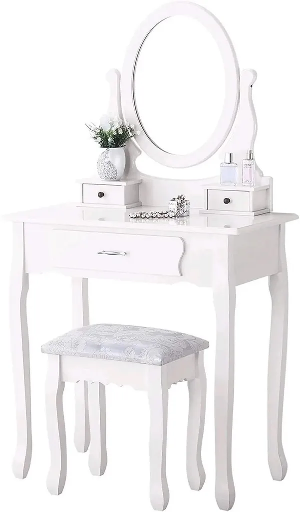 Coiffeuse Vintage 3 Tiroirs avec Tabouret Rembourré et Grand Miroir Chic