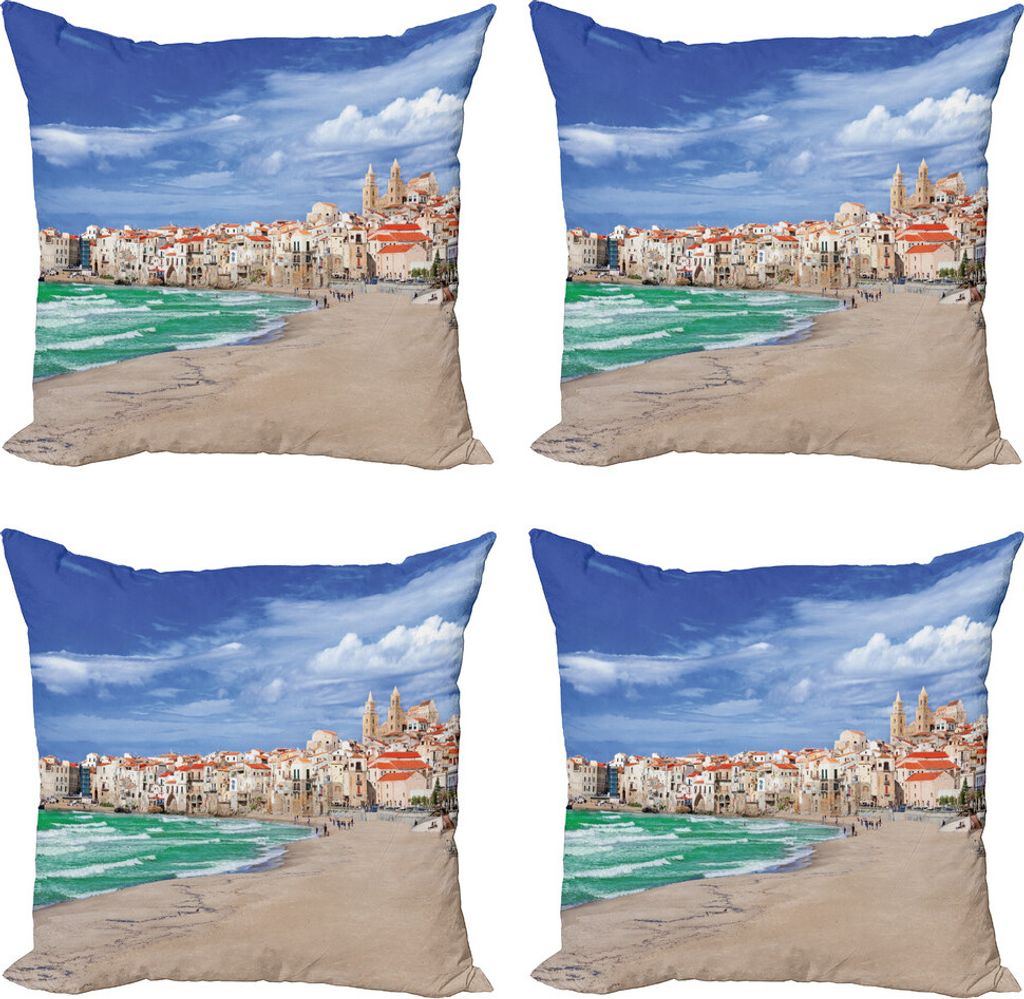 ABAKUHAUS Sizilien Kissenbezug Set (4 Stück), Dreamy Cefalu Strand-Foto, Moderner Doppelseitiger Digitaldruck, 40 cm x 40 cm, Mehrfarbig