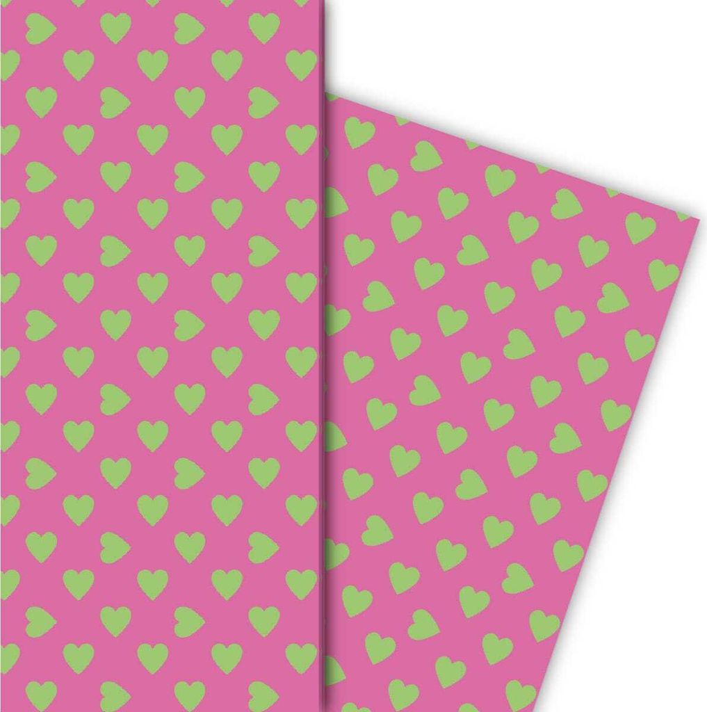 Romantisches Geschenkpapier mit großen Herzen grün auf rosa - G5395, 32 x 48cm