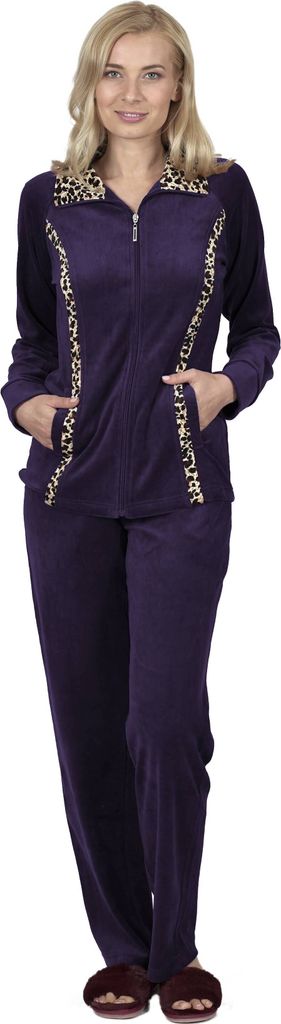 RAIKOU Damen Hausanzug Schlafanzug Baumwolle Freizeitanzug Nicki Velours Jogging anzug mit Reißverschluss und Leo Dunkel Lila 36/38
