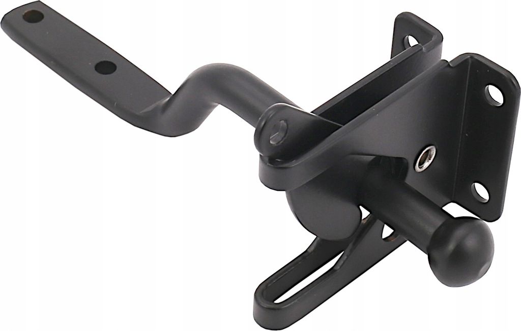 A black metal gate latch is shown against a white background.