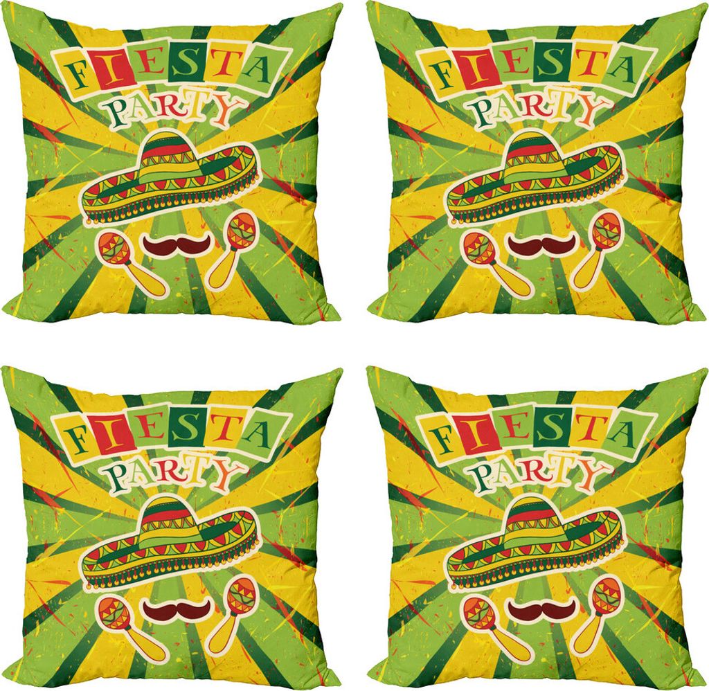 ABAKUHAUS Fiesta Kissenbezug Set (4 Stück), Maracas und Schnurrbart, Moderner Doppelseitiger Digitaldruck, 40 cm x 40 cm, Grün, Gelb, Vermilion
