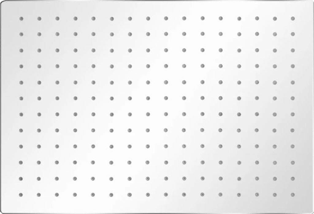 A top-down view of a rectangular shower head with many small nozzles.