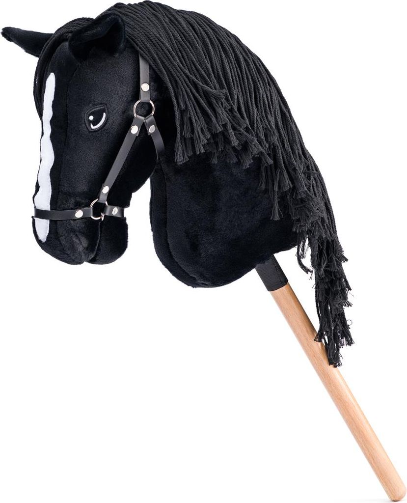 A black hobby horse with a white stripe on its nose and a black mane, attached to a wooden stick.