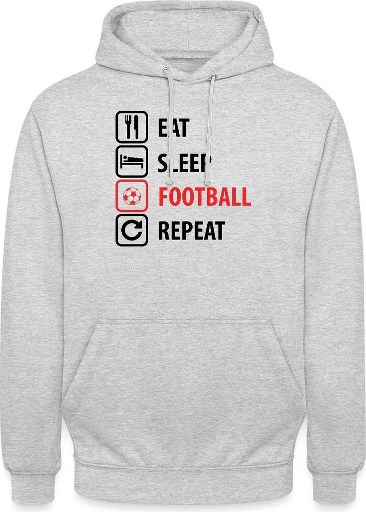 Spreadshirt Eat Sleep Football Repeat Humor Fußball Uni Hoodie, S, Hellgrau meliert