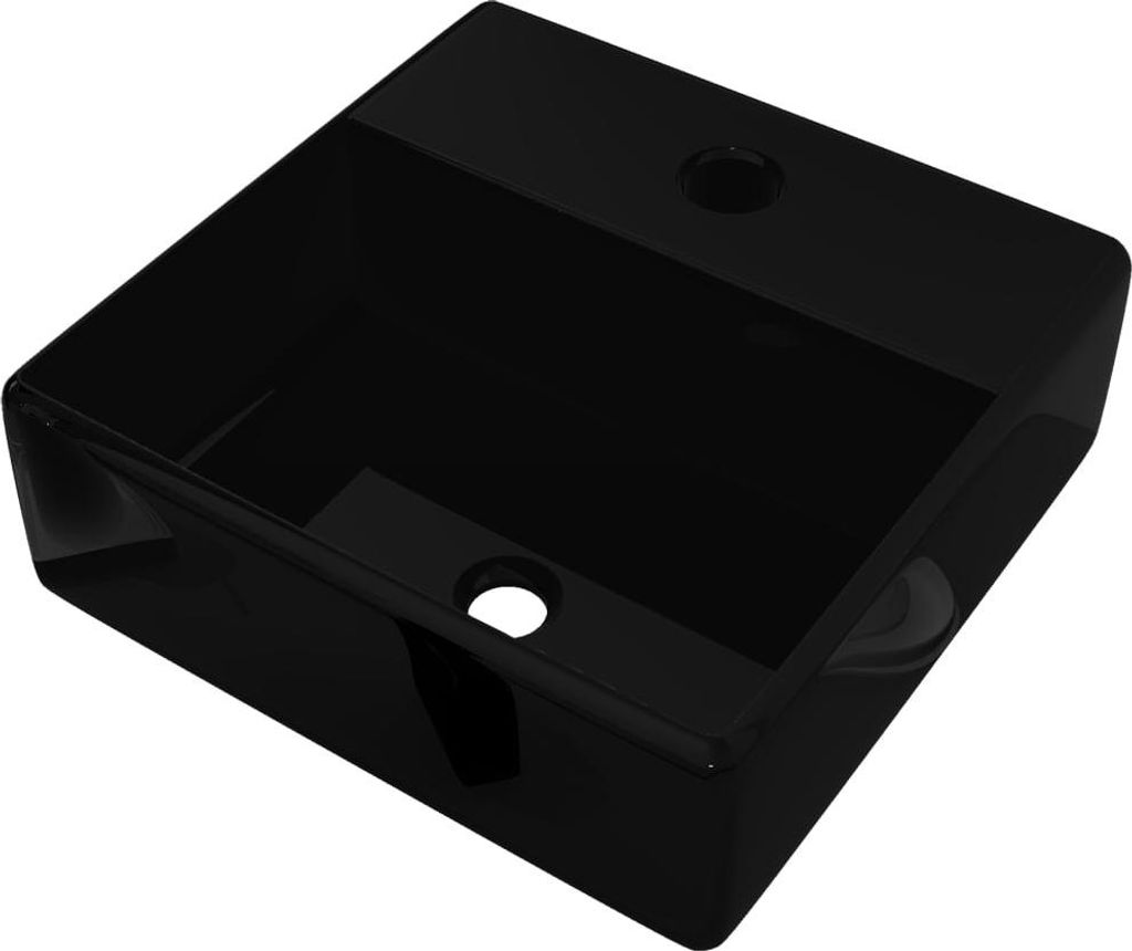 A black ceramic square sink with a faucet hole.