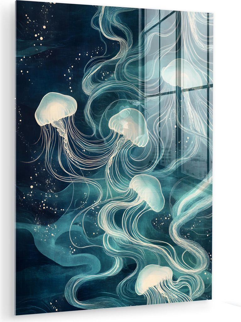 MuchoWow Glasbilder - Bilder auf Wandbild - Foto auf Glas Qualle - Meer - Weiß - Wellen 60x80 cm Wanddekoration aus Glas - Acrylglasbild - Acrylbi...