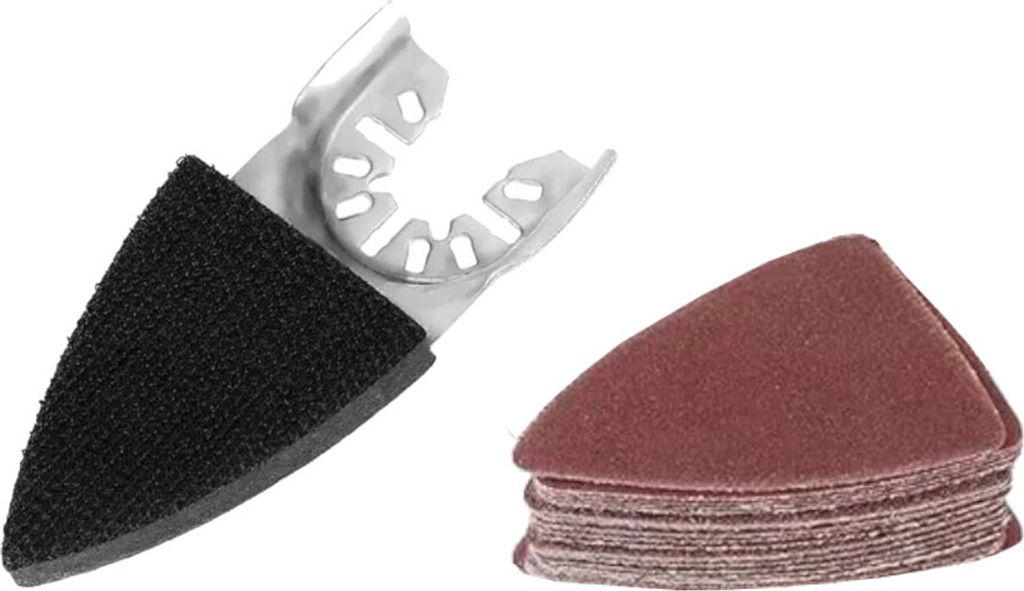 Trade-Shop 26 tlg. Set Dreieck Schleifplatte + Schleifscheiben (25 Stück) 50x50x35mm für Deltaschleifer Schleifpapier / P60 P80 P120 P180 P240 K...
