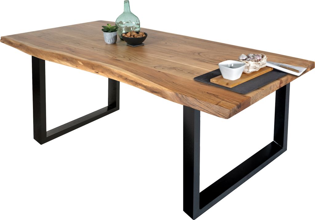 Esstisch Baumkante massiv Akazie Natur 160 x 85 U-Gestell schwarz THEA