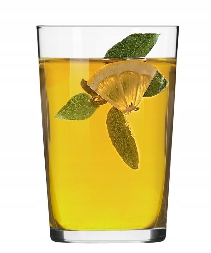 A clear glass of yellow liquid, possibly tea, with a slice of lemon and green leaves floating inside.